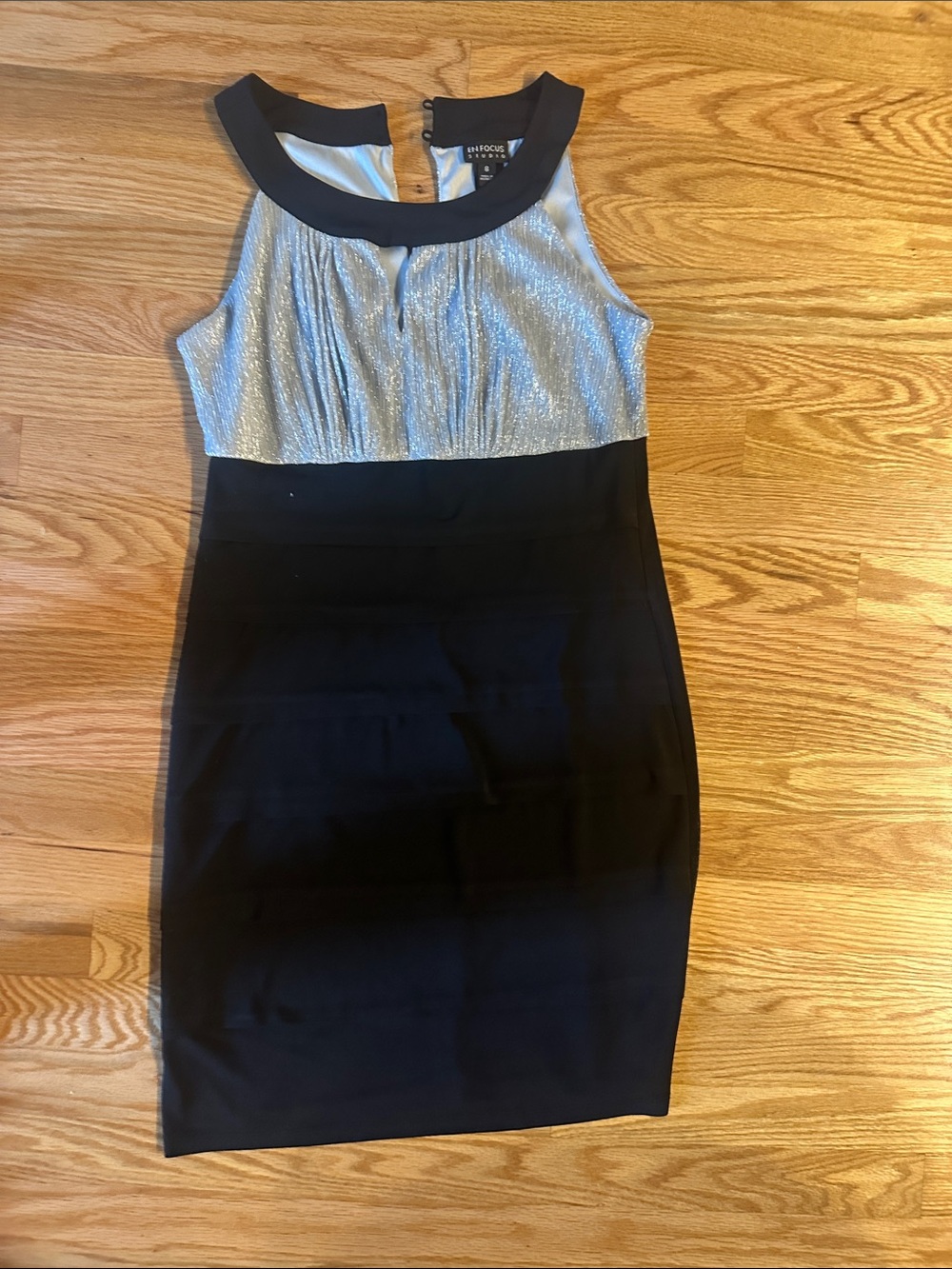 Enfocus Studio Silver and Black Sleeveless Midi Sheath Dress